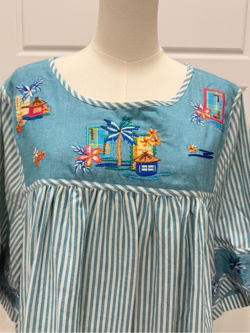 Bechamel Blue Stripe Patio Dress with Tropical Embroidery - Picture 2 of 10
